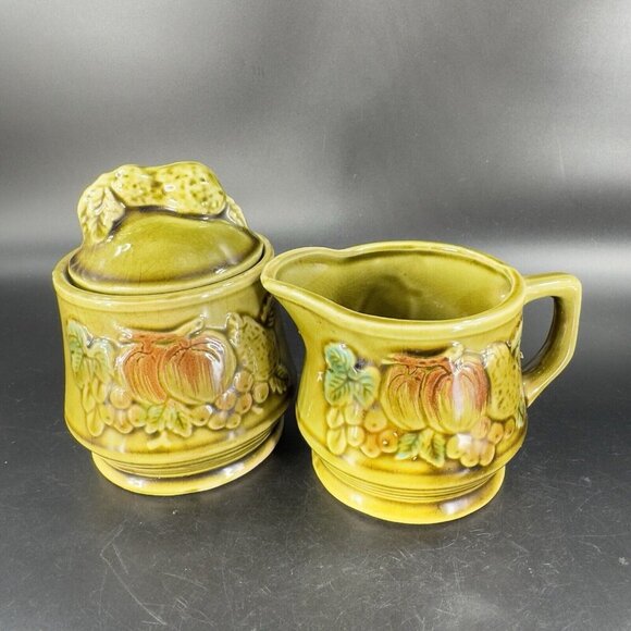 Vintage Ceramic Olive Green Sugar Bowl Creamer Fruit Veggies Made Japan Set - Picture 15 of 16